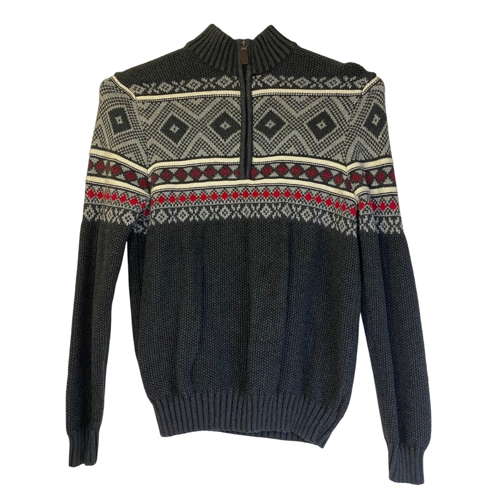 IZOD‎ Sweater Men's Gray Red Sz S Quarter Zip Fair Isle Pullover Knit Casual EUC
